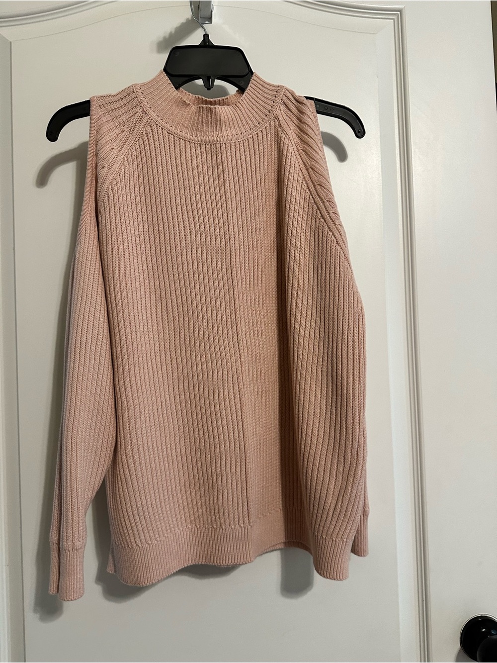 H&M Blush Pink Ribbed Cold-Shoulder Turtleneck Sweater